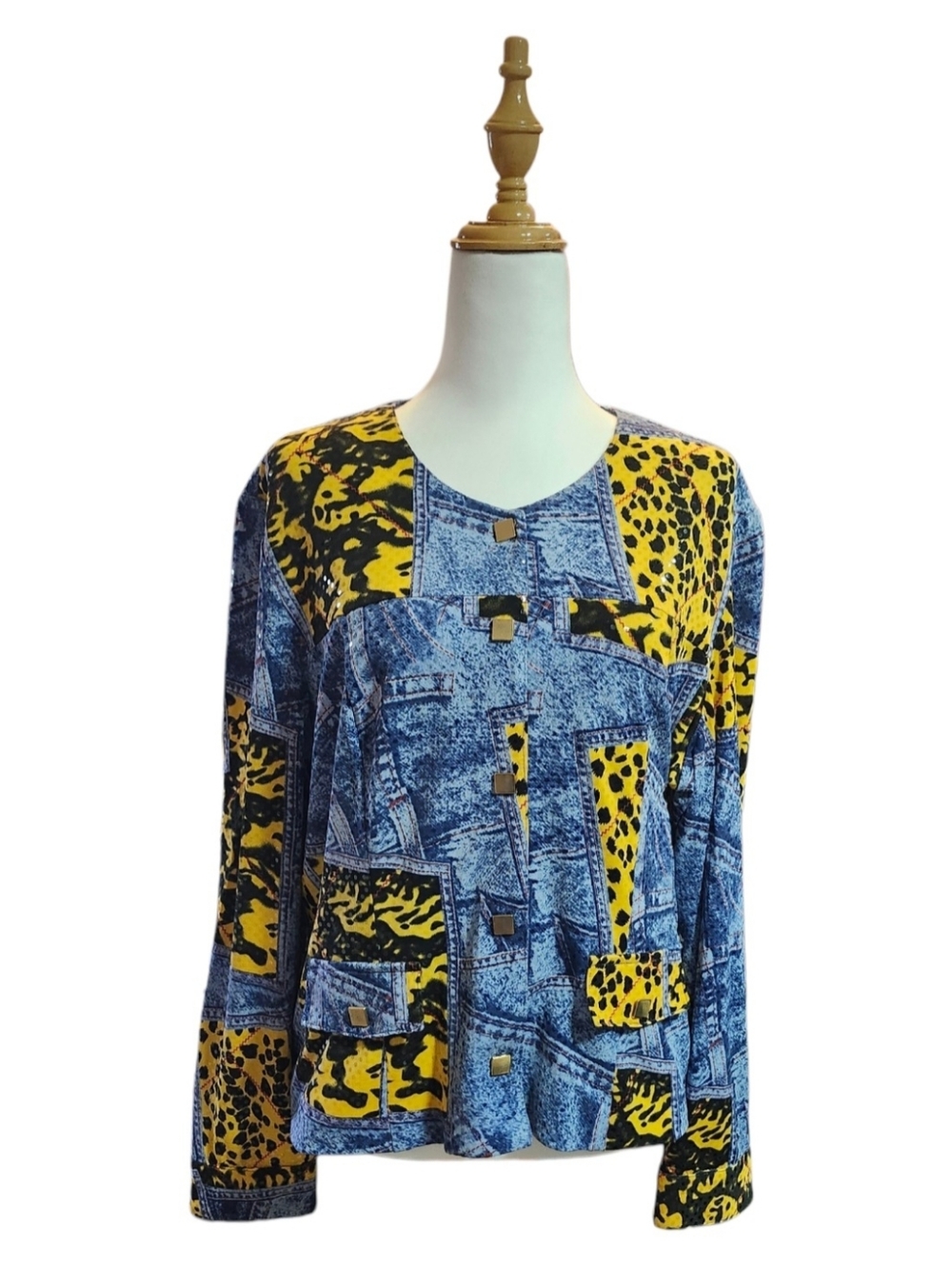 Joseph Ribkoff Bold Yellow Leopard & Denim Print Snap Button Top - Picture 11 of 12